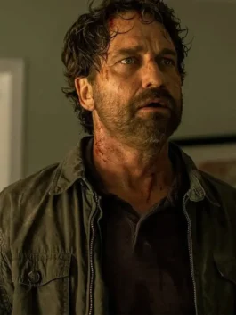 Greenland 2 Migration Gerard Butler Green Jacket close up showing collar and fabric texture