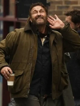 Greenland 2 Migration Gerard Butler Cotton Jacket close up showing collar and front details