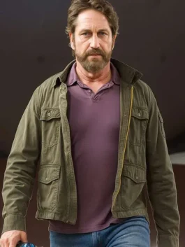 Greenland 2 Migration Gerard Butler Green Jacket front view with rugged outdoor design