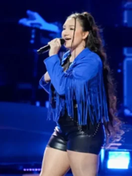 Hailey Wright Blue Fringed Jacket Side View