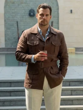 In the Grey 2026 Henry Cavill Brown Jacket outfit view with smart rugged styling