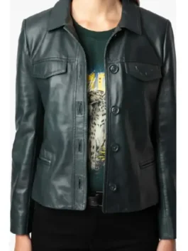 High Potential S01 Daphne Leather Jacket view look showing leather texture, collar, and clean fit