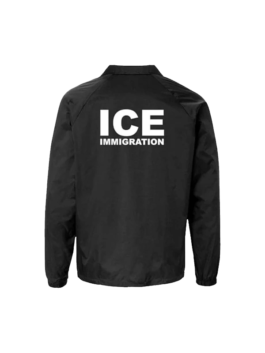 Back view of black ICE Immigration Jacket with large white ICE Immigration print