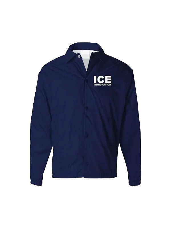 Front view of blue ICE Immigration Jacket with tactical parachute windbreaker styling