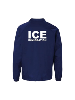 Back view of blue ICE Immigration Jacket with large ICE Immigration logo print