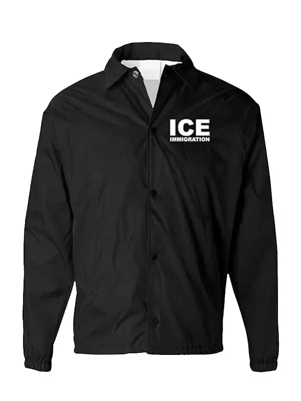 Front view of black ICE Immigration Jacket with parachute fabric and tactical windbreaker design