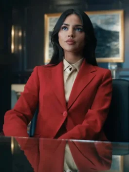 In the Grey 2026 Eiza González Red Blazer front view with bold red finish