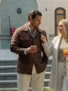 In the Grey 2026 Henry Cavill Brown Jacket side view with neat casual shape