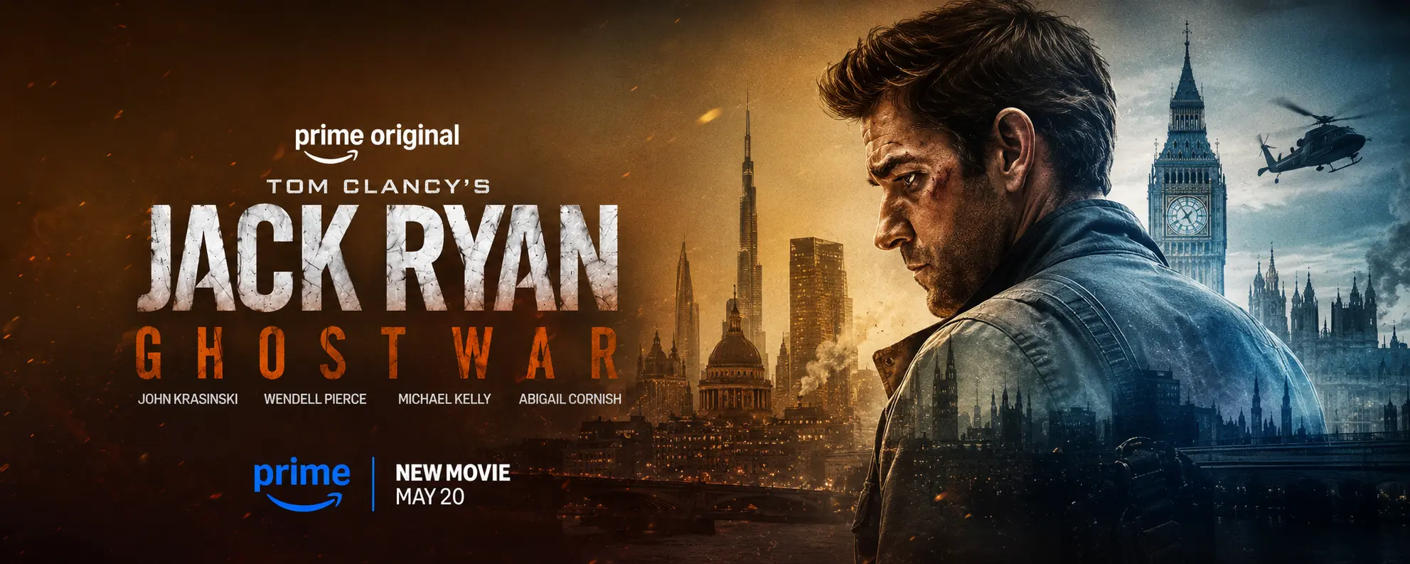 Cinematic Jack Ryan Ghost War 2026 movie banner featuring John Krasinski with a dramatic city skyline and helicopter scene