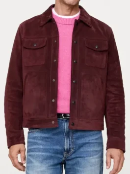 Jared Shoemaker Suede Trucker Jacket closure view showing front fastening, stitching, and suede texture