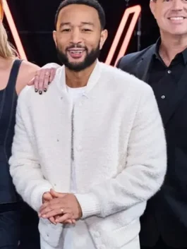 John Legend Brandon Boucle Bomber Jacket front view featuring boucle texture and bomber jacket design