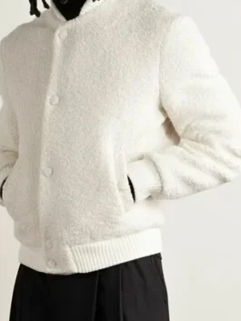 John Legend Brandon Boucle Bomber Jacket side view showing textured boucle fabric and rib knitted details