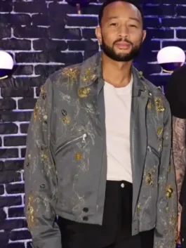 John Legend Grey Embellished Jacket close-up view showing embellishment, stitching, and fabric texture
