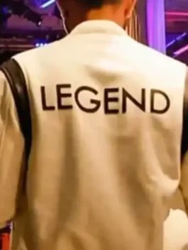 John Legend White Varsity Jacket back close-up showing rear texture, stitching, and varsity jacket detail