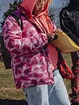 Juice Wrld Pink Camo Puffer Jacket paired with pink hoodie in outdoor streetwear fashion look