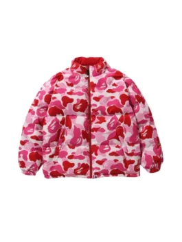 Front view of Juice Wrld Pink Camo Puffer Jacket in parachute fabric with pink camouflage streetwear design