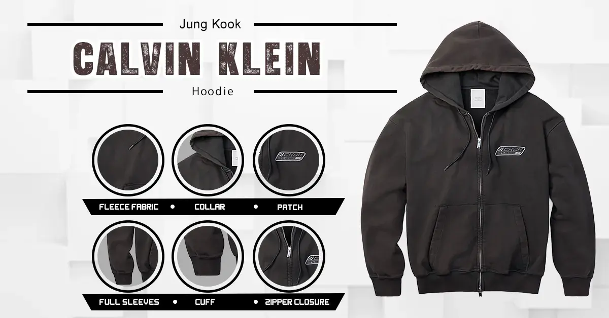 Black Fleece Zip Up Hoodie Product Feature Diagram with Inset Circle Close Ups for Fleece Fabric Collar Chest Patch Cuff and Zipper Closure