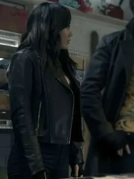 Karen Fukuhara The Boys S05 Black Leather Jacket collar and zipper close view