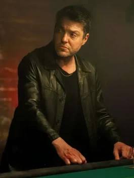 Legends Tom Burke Black Leather Jacket angled view with structured black design