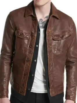 Lucas West Trucker Leather Jacket closure view showing front fastening, stitching, and leather texture