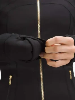 Women’s Define Cropped Black Gold Zipper Jacket with front zipper closure and fitted design