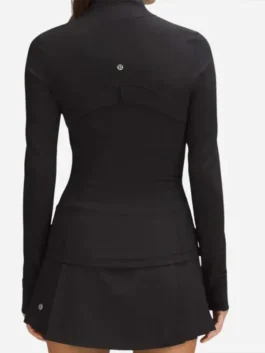 Back view of Women’s Define Cropped Black Gold Zipper Jacket with fitted athletic silhouette