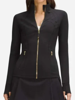 Front view of Women’s Define Cropped Black Gold Zipper Jacket with stand-up collar and fitted design