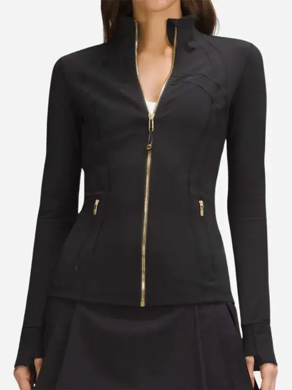 Front view of Women’s Define Cropped Black Gold Zipper Jacket with stand-up collar and fitted design