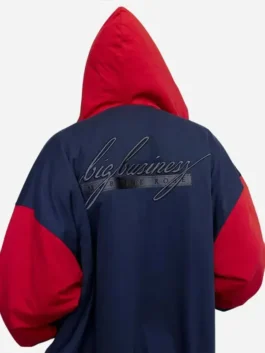 Back view of Martine Rose Big Business Navy Hoodie with embroidered Big Business logo detail