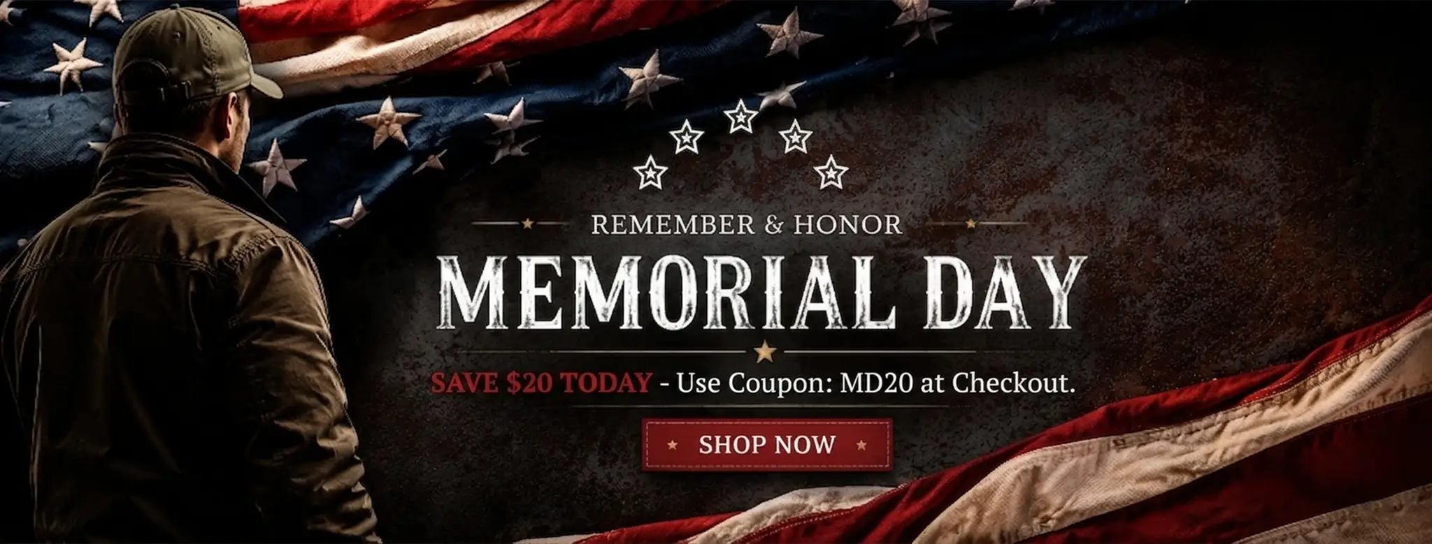 Man in olive green jacket facing a Memorial Day banner with an American flag background and a $20 discount coupon code.