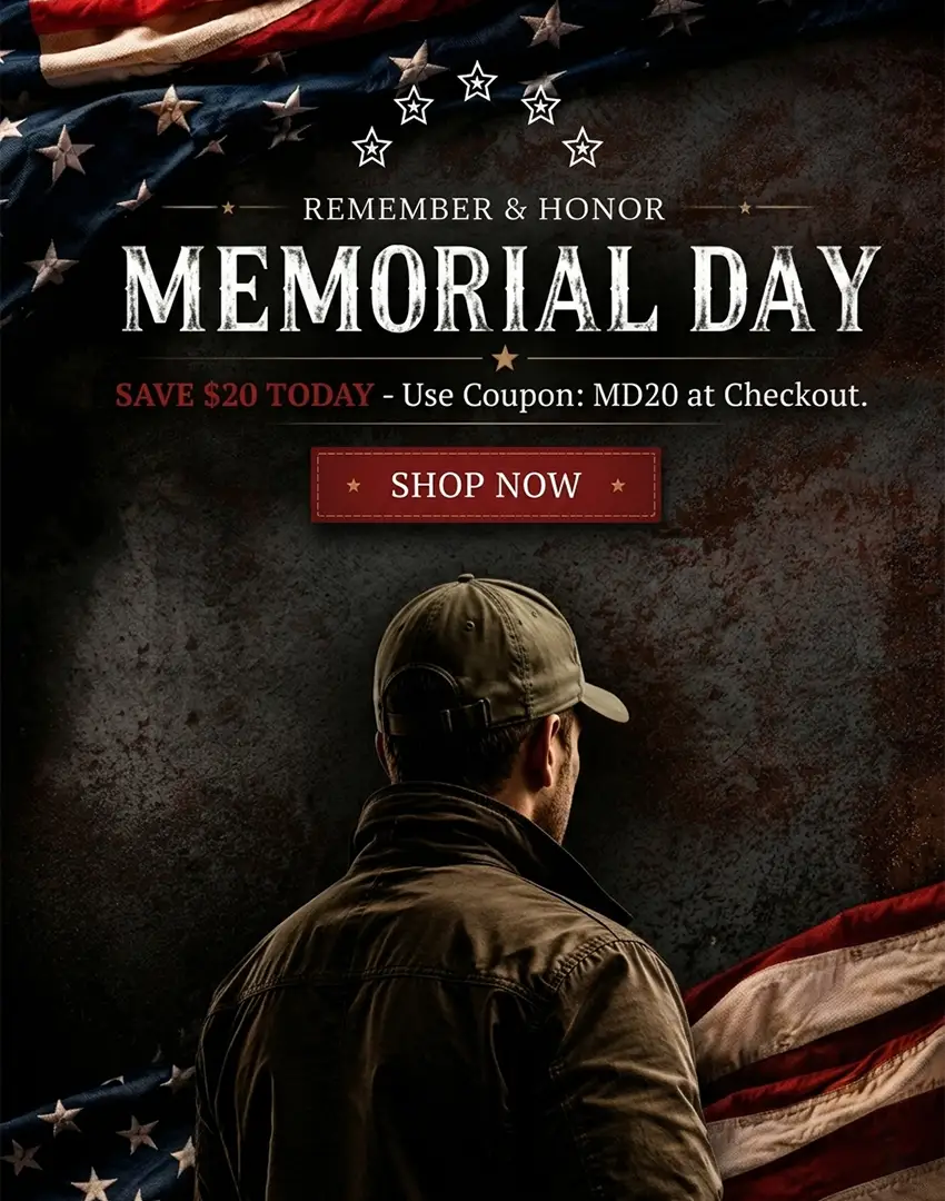 Vertical Memorial Day mobile banner featuring a man in an olive green jacket, American flag accents, and a $20 discount code MD20.