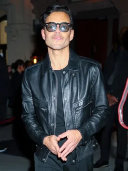 Met Gala After Party Rami Malek Leather Jacket front view with sleek black design