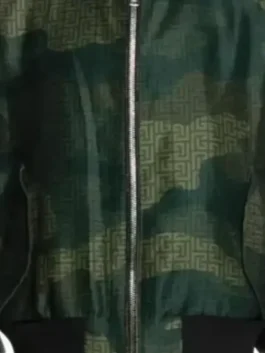 Michael Buble Camo Bomber Jacket close-up view showing camo texture, stitching, and front details