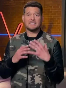 Michael Bublé Camouflage Print Bomber Jacket close-up view showing print texture, stitching, and jacket details