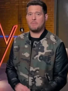 Michael Bublé Camouflage Print Bomber Jacket front view showing camouflage print, collar, and closure