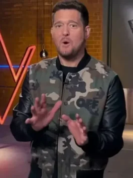 Michael Bublé Camouflage Print Bomber Jacket view design showing camouflage pattern and bomber shape
