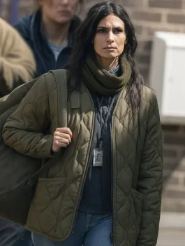 Morena Baccarin Greenland 2 Migration Green Jacket front view with clean outdoor style