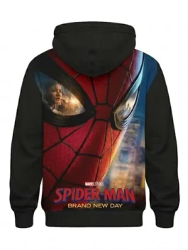 Spider Man Brand New Day Black Hoodie back view with plain black hooded design