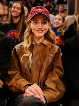 Natalia Dyer Knicks Game Brown Leather Jacket front view with zipper closure