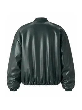 The back view of a minimalist dark green leather bomber jacket showcasing a clean paneled design with an elastic waist and cuffs.