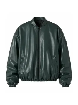 A dark green bomber jacket crafted from smooth leather material featuring a front zipper closure, side pockets, and an elasticized hem and cuffs.