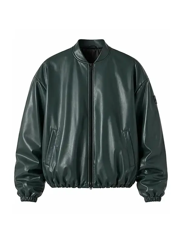 A dark green bomber jacket crafted from smooth leather material featuring a front zipper closure, side pockets, and an elasticized hem and cuffs.