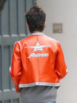 Timothée Chalamet jacket with bright orange leather finish.