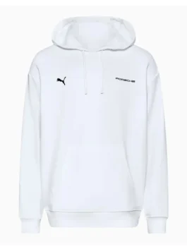 Porsche Legacy White Pullover Hoodie front view with clean white fabric, hooded collar, and sporty pullover style