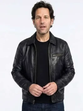 Power Ballad 2026 Paul Rudd Black Leather Jacket front view with zipper closure