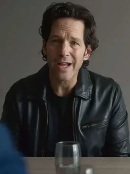 Power Ballad 2026 Paul Rudd Black Leather Jacket collar and zipper close view