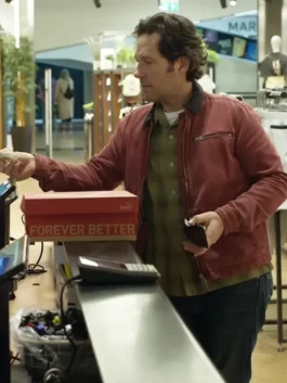 Power Ballad 2026 Paul Rudd Maroon Jacket side view with casual fitted shape