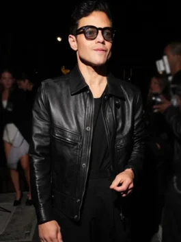 Met Gala After Party Rami Malek Leather Jacket side view with fitted sleeves