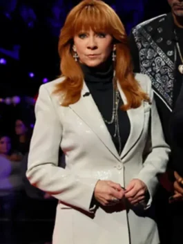 Reba McEntire Cream Sequined Blazer front view showing cream sequins, lapel, and clean blazer design