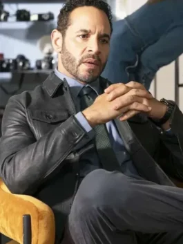 S02 Daniel Sunjata Leather Jacket view showing leather texture, collar, and clean jacket fit